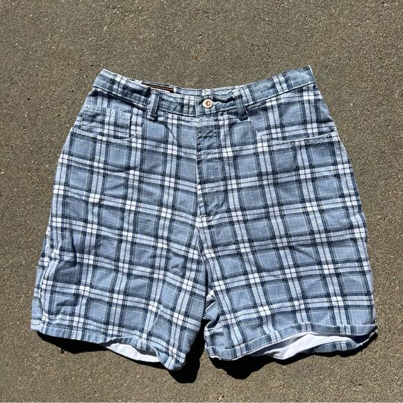 Vintage 90s action west blue plaid denim Jean shorts - Picture 1 of 4